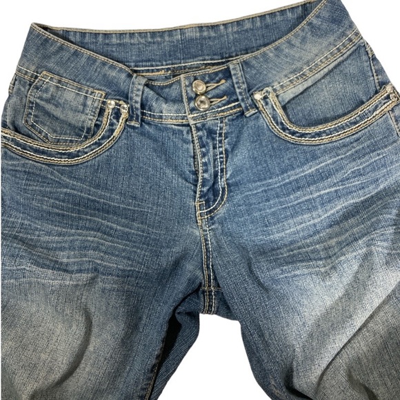 VSX Jean Bermuda Shorts Womens Sz 4 Rhinestone Accents Medium Wash Distress - Picture 2 of 4